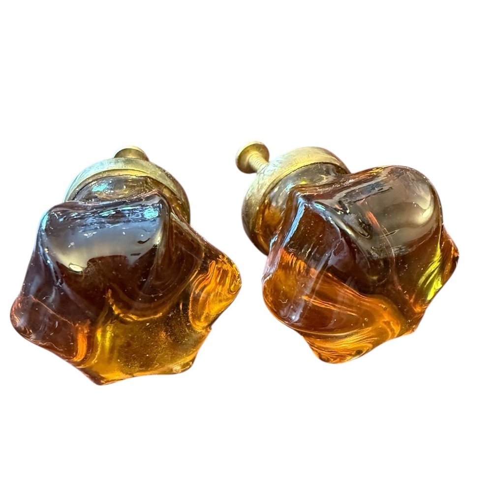 Set of 2 Antique Amber Glass Knobs